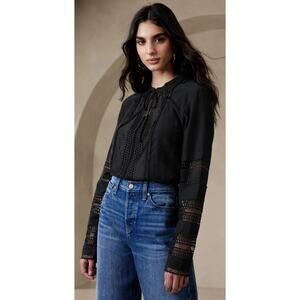 Banana Republic Fae Lace Long Sleeve Blouse Top Womens Large Black New